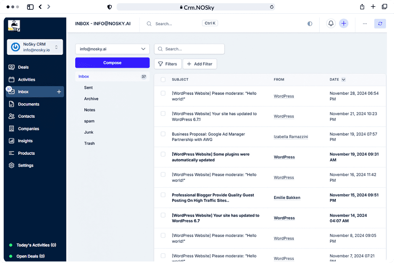 A screenshot of the NoSky CRM interface, displaying a user-friendly dashboard designed for managing customer relationships. The screen features various sections, including customer profiles, communication history, task management, and sales analytics. The layout is clean and intuitive, allowing users to efficiently track and engage with clients while improving overall customer service and sales performance.