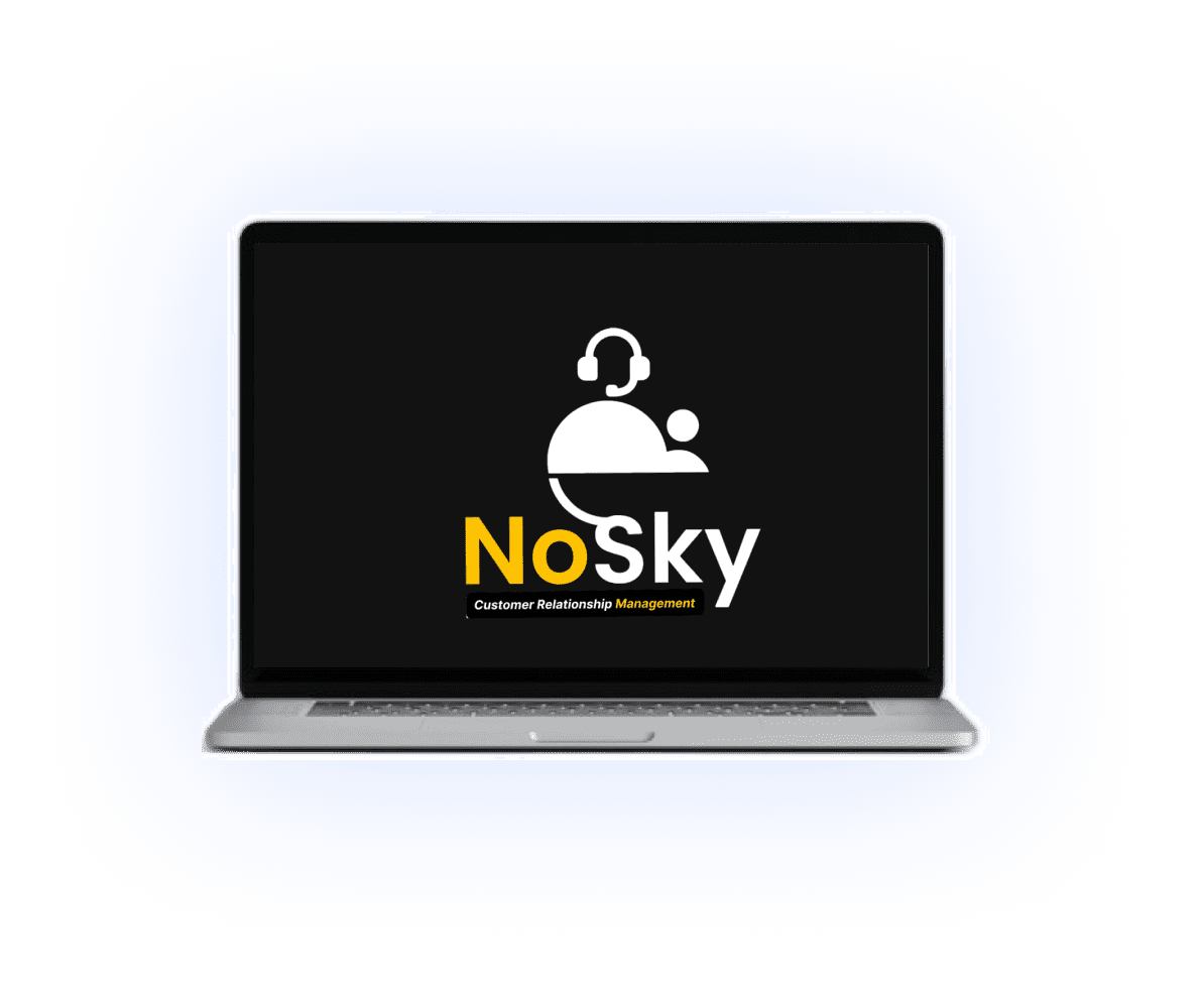 A laptop displaying the NoSky CRM logo on its screen, representing efficient customer relationship management with intelligent automation.