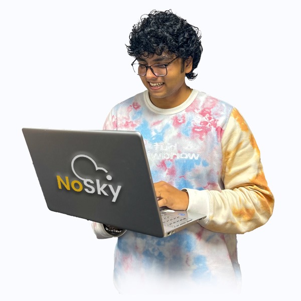 A happy man using NoSky Cloud on his laptop, enjoying seamless access, security, and reliability for his data.